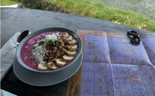 A vibrant smoothie bowl beside an open Leela board map