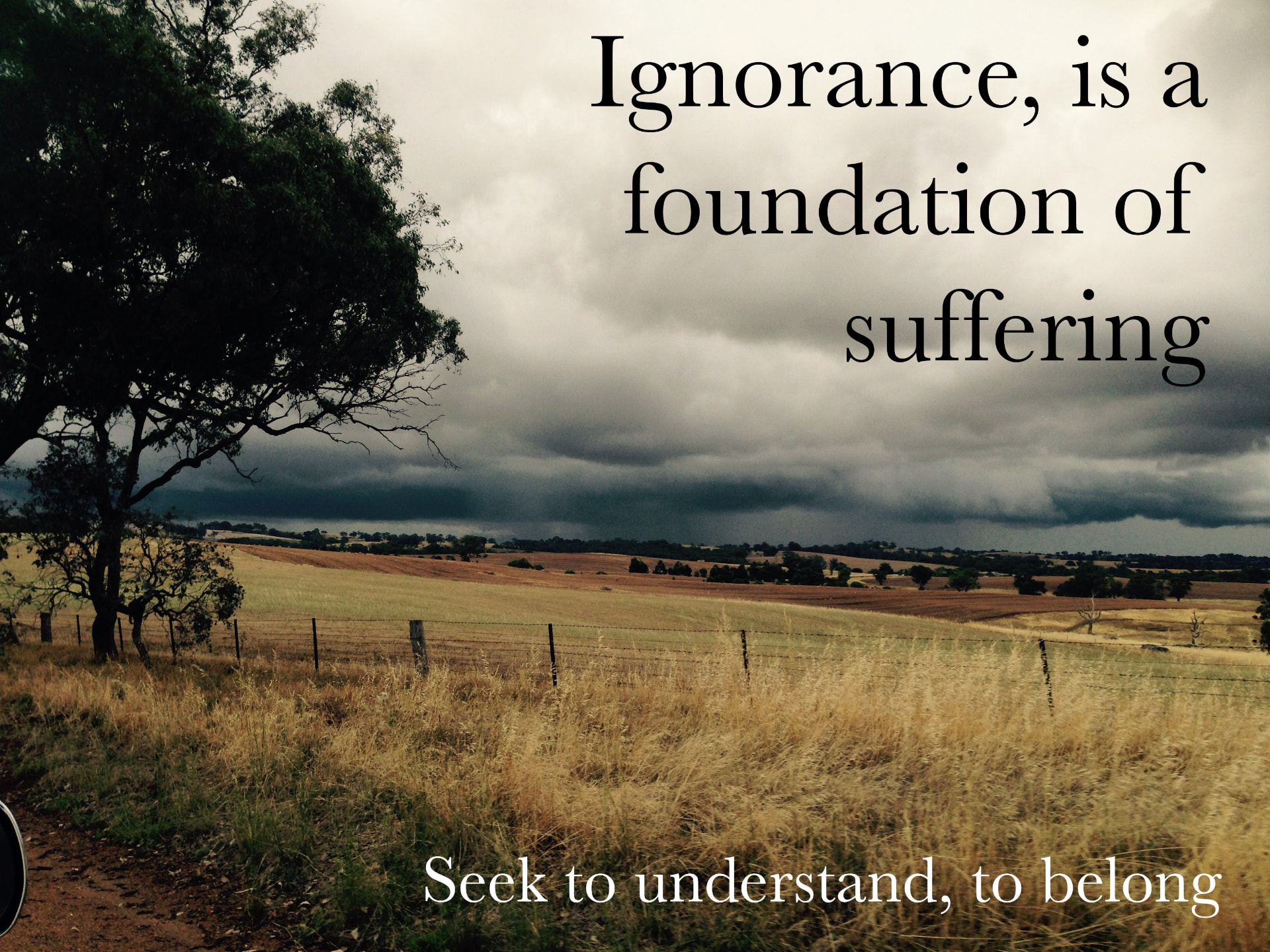 Open countryside beneath a wide sky, with the words 'Ignorance is a foundation of suffering — seek to understand, to belong'
